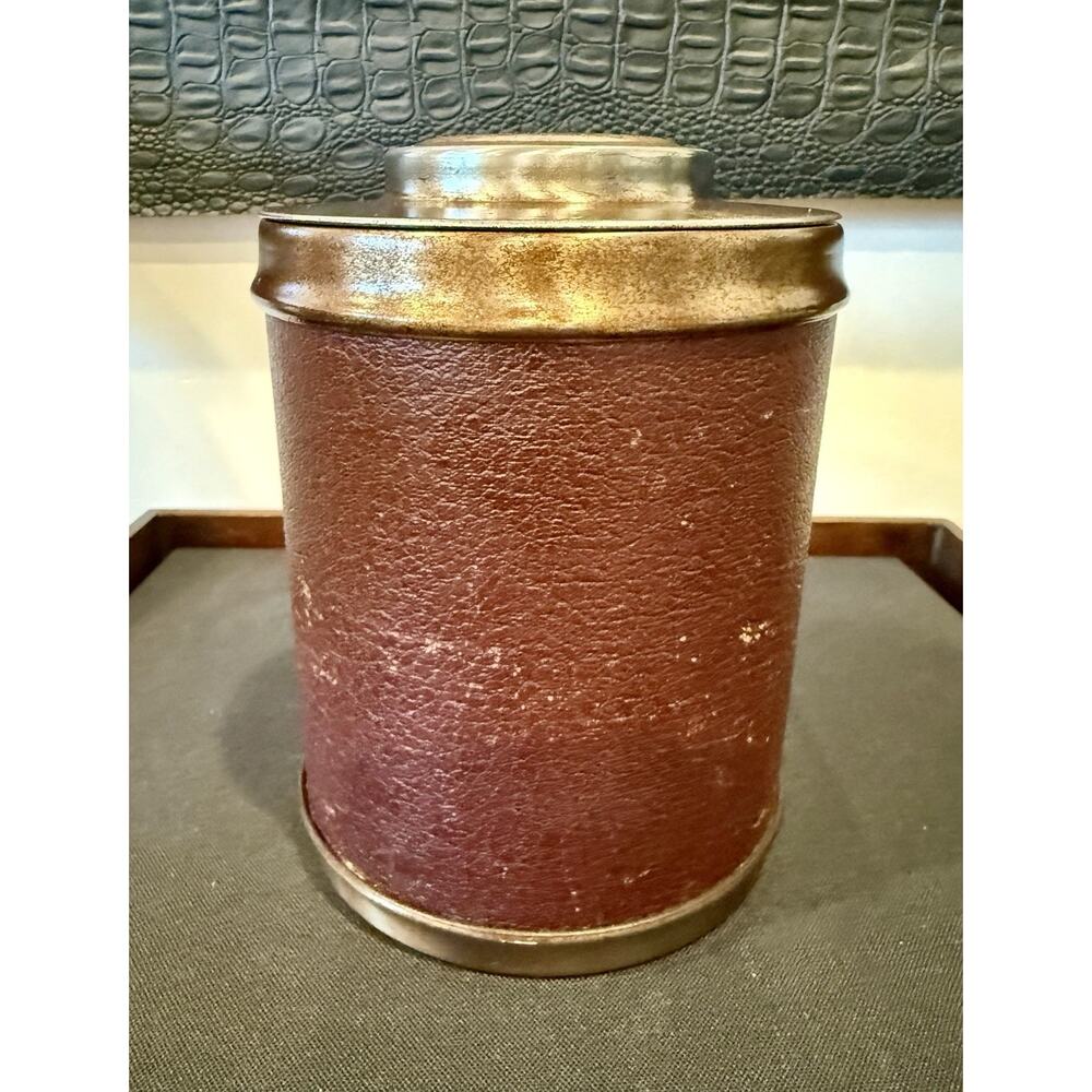 Vintage 50's Cigar Tobacco Humidor Canister Faux Leather & Metal w/Aztec Stone